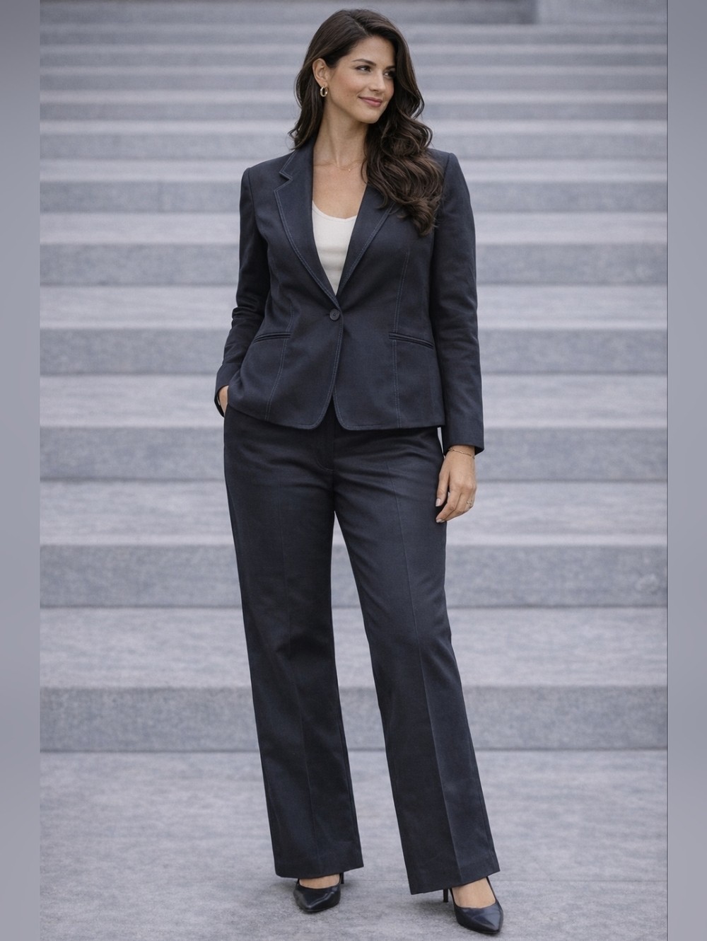 Le Suit Charcoal Navy Pantsuit Blazer Set – Size 14 | Polished + Professional